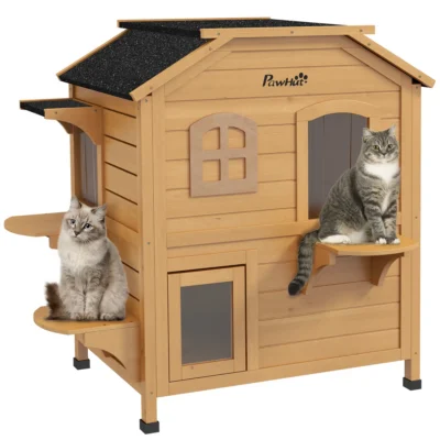 PawHut Two-Storey Wooden Cat House with Steps – Natural – image 8