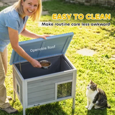 PawHut Insulated Wooden Cat Shelter with Escape Door – Dark Grey – image 7