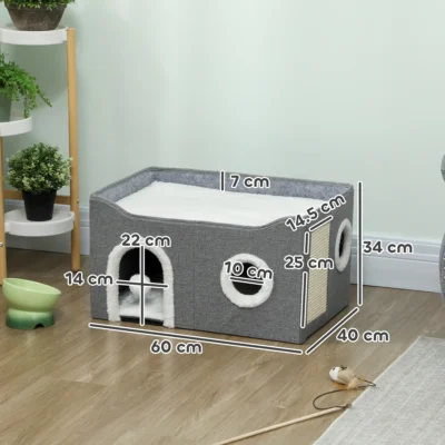 PawHut Foldable Cat House with Top Bed & Sisal Pad – Grey – image 3