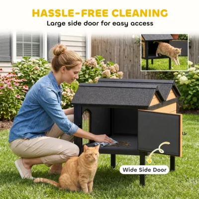 PawHut Raised Wooden Cat House with Removable Liner – Yellow – image 6