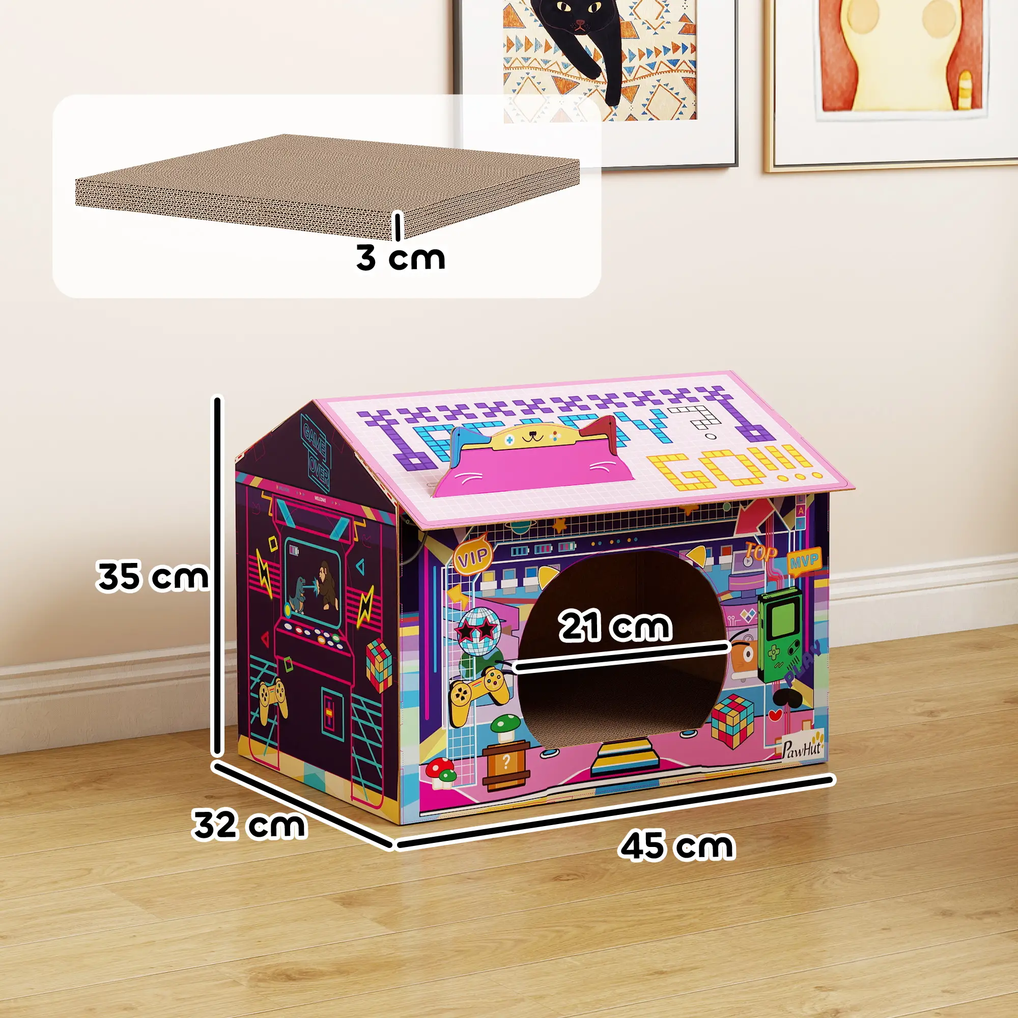 PawHut Arcade Cardboard Cat House & Scratcher – Pink – image 3
