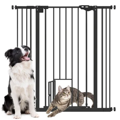 PawHut Highline Pet Gate with Cat Flap – Black, 74–101 cm – product view 1