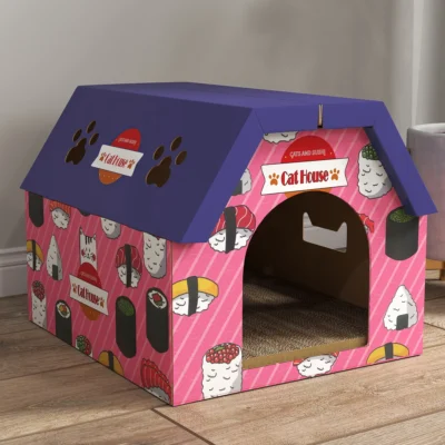 PawHut Sushi Cardboard Cat House & Scratcher – Pink – image 9