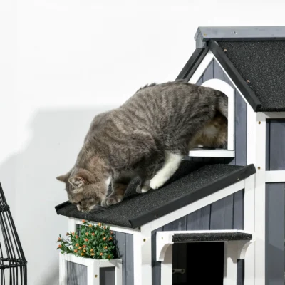 PawHut Two-Tier Outdoor Cat House with Flower Box – Grey – image 9