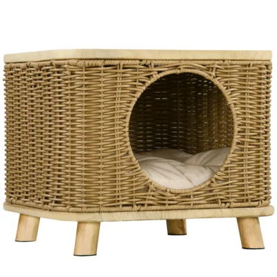 Raised Wicker Cat Retreat – Light Brown – view 1