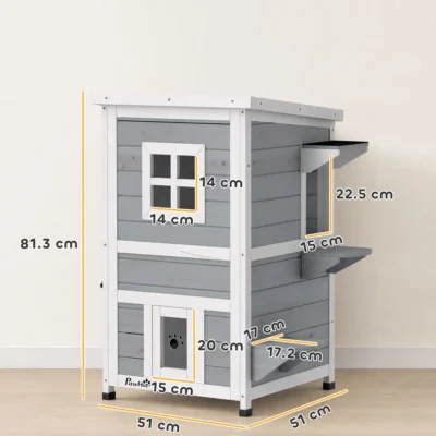 PawHut Two-Floor Wooden Cat House with Three Doors – Grey – image 3