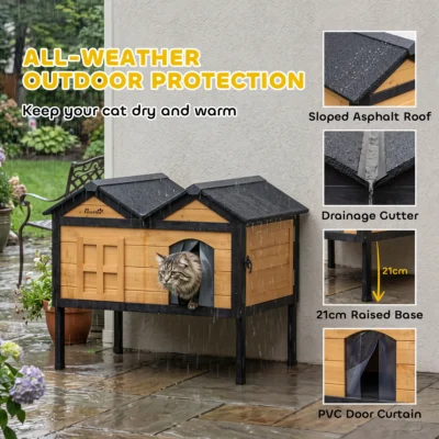 PawHut Raised Wooden Cat House with Removable Liner – Yellow – image 5
