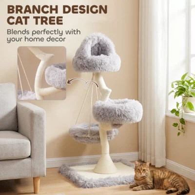 PawHut 115cm Cat Tree with Washable Beds and Hammock – Light Grey – product image 4