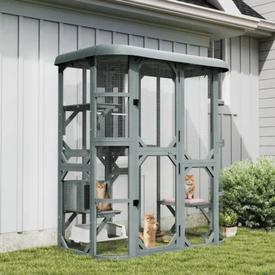 PawHut Walk-In Wooden Catio with Four Platforms – Grey – image 14