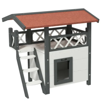 PawHut Balcony Cat House with Stairs – White – image 1