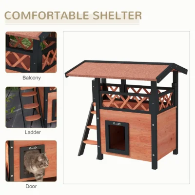 PawHut Wooden Cat House with Covered Balcony – Brown – image 4