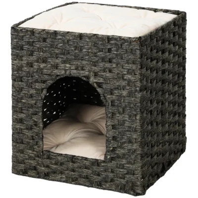 PawHut Two-Tier Rattan-Style Cat House – Grey – image 15