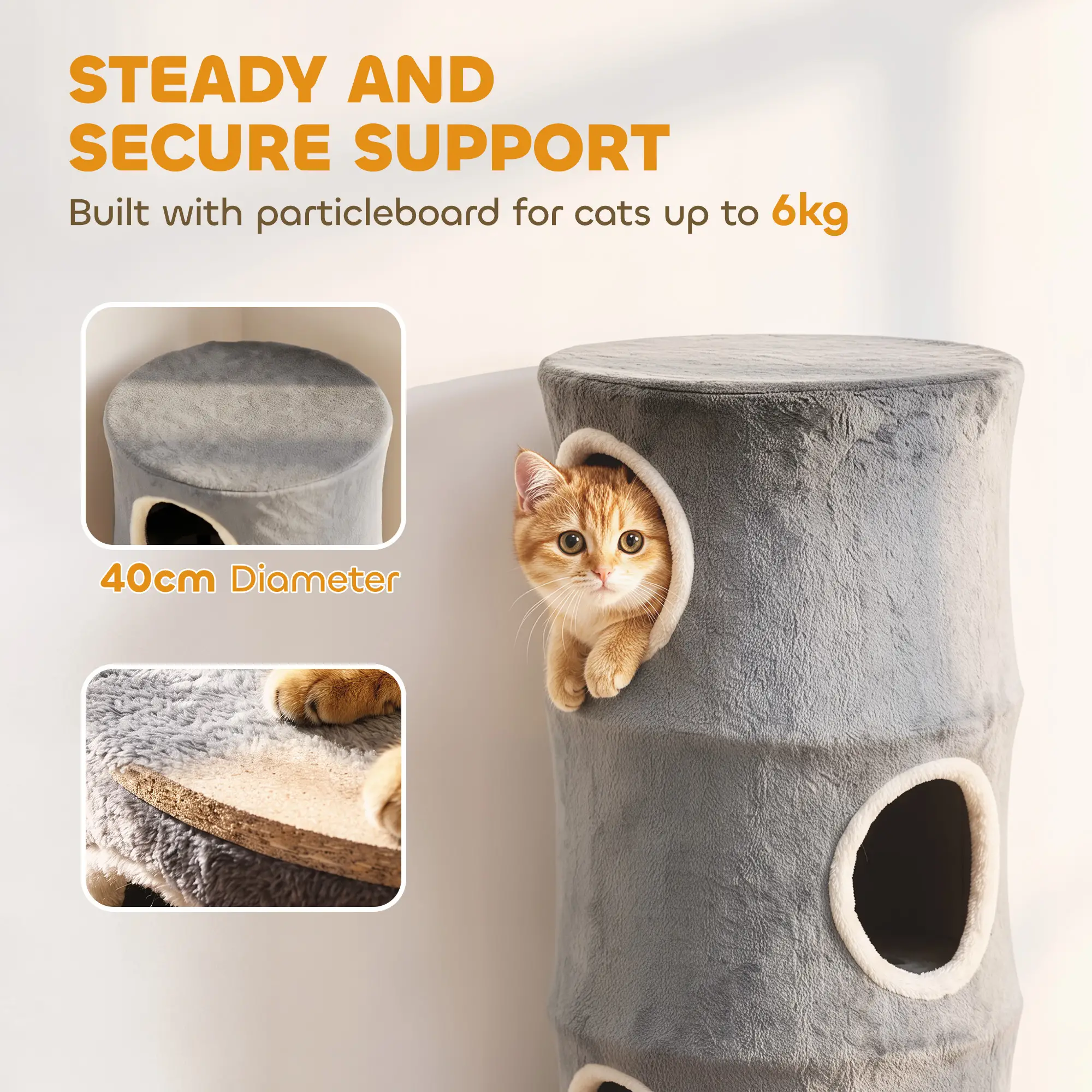 PawHut Four-Level Plush Cat Barrel with Washable Cover – Grey – image 7