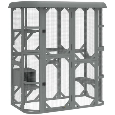 PawHut Walk-In Wooden Catio with Four Platforms – Grey – image 1
