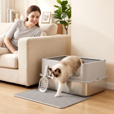 High-Wall Steel Litter Station with Mat – Light Grey – view 2