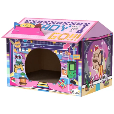 PawHut Arcade Cardboard Cat House & Scratcher – Pink – image 1