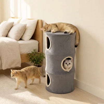 PawHut Four-Level Plush Cat Barrel with Washable Cover – Grey – image 14
