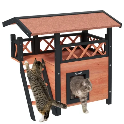 PawHut Wooden Cat House with Covered Balcony – Brown – image 1