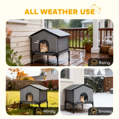 PawHut Raised Insulated Cat House & Detachable Bed – Grey – image 5