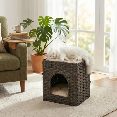 PawHut Two-Tier Rattan-Style Cat House – Grey – image 14