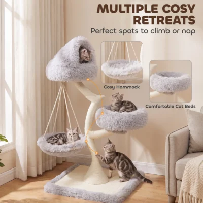 PawHut 115cm Cat Tree with Washable Beds and Hammock – Light Grey – product image 5
