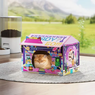 PawHut Arcade Cardboard Cat House & Scratcher – Pink – image 8