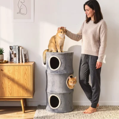 PawHut Four-Level Plush Cat Barrel with Washable Cover – Grey – image 9