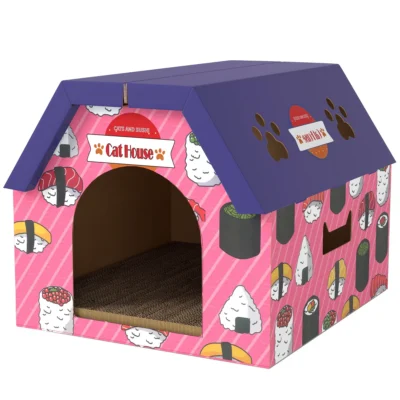 PawHut Sushi Cardboard Cat House & Scratcher – Pink – image 11