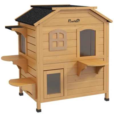 PawHut Two-Storey Wooden Cat House with Steps – Natural – image 1