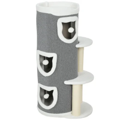Three-Den Cat Barrel Tower – Grey – view 1