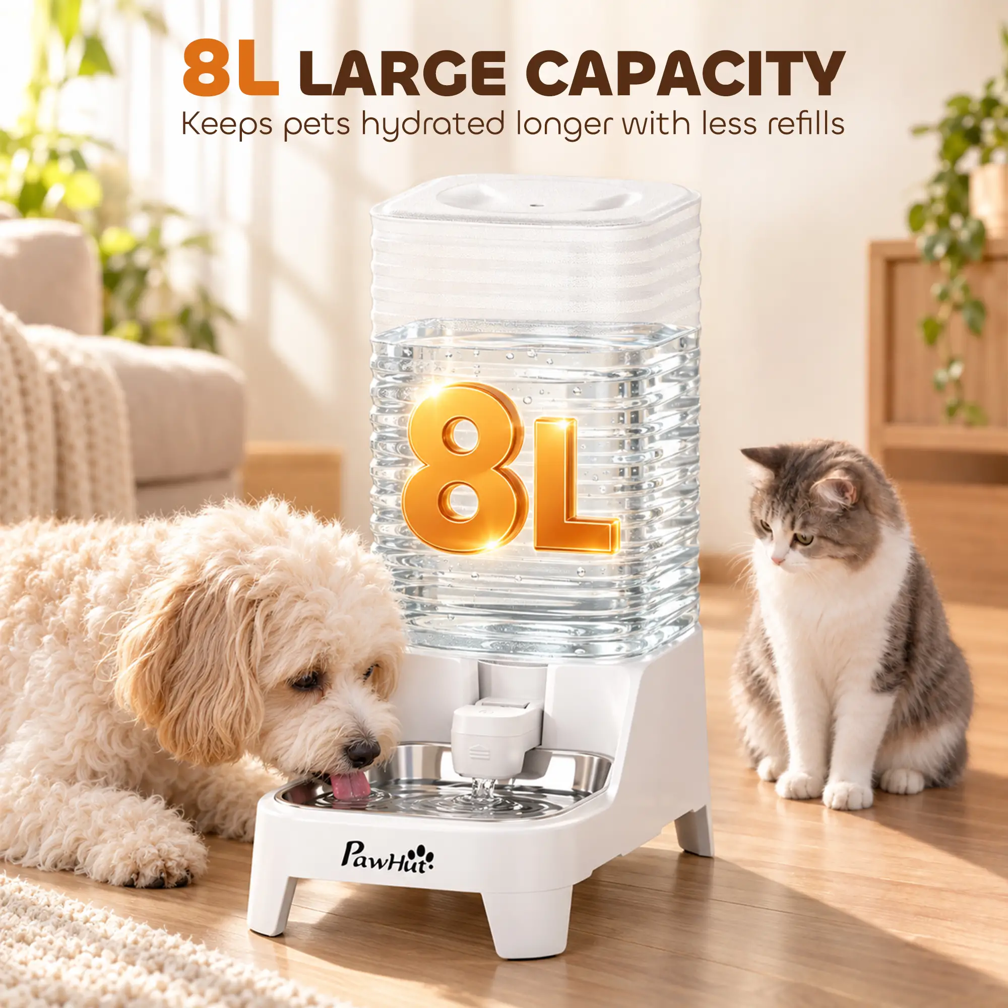 PawHut 8L Gravity Water Dispenser with Stainless Steel Bowl – White – product image 4