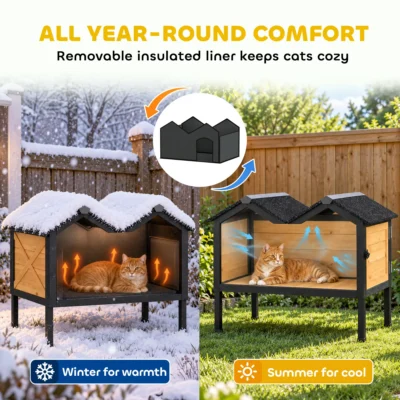 PawHut Raised Wooden Cat House with Removable Liner – Yellow – image 4