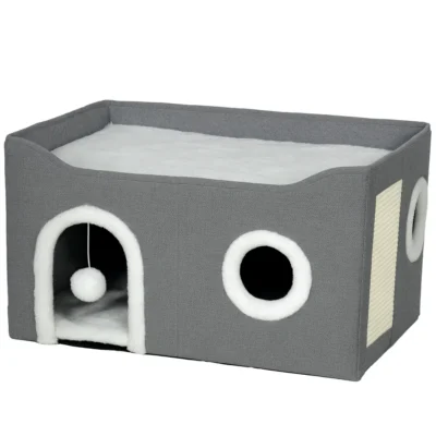 PawHut Foldable Cat House with Top Bed & Sisal Pad – Grey – image 1