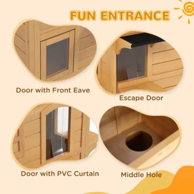 PawHut Two-Storey Wooden Cat House with Steps – Natural – image 5