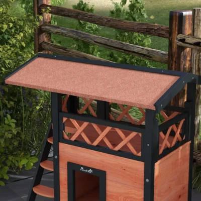 PawHut Wooden Cat House with Covered Balcony – Brown – image 7