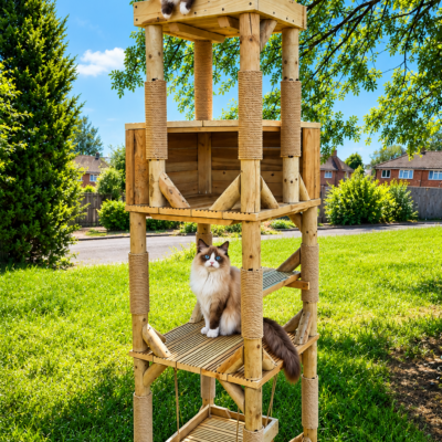 Missy’s Den wooden outdoor cat tree with five climbing levels