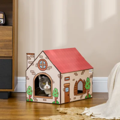 PawHut Cottage Cardboard Cat House & Scratching Board – image 2
