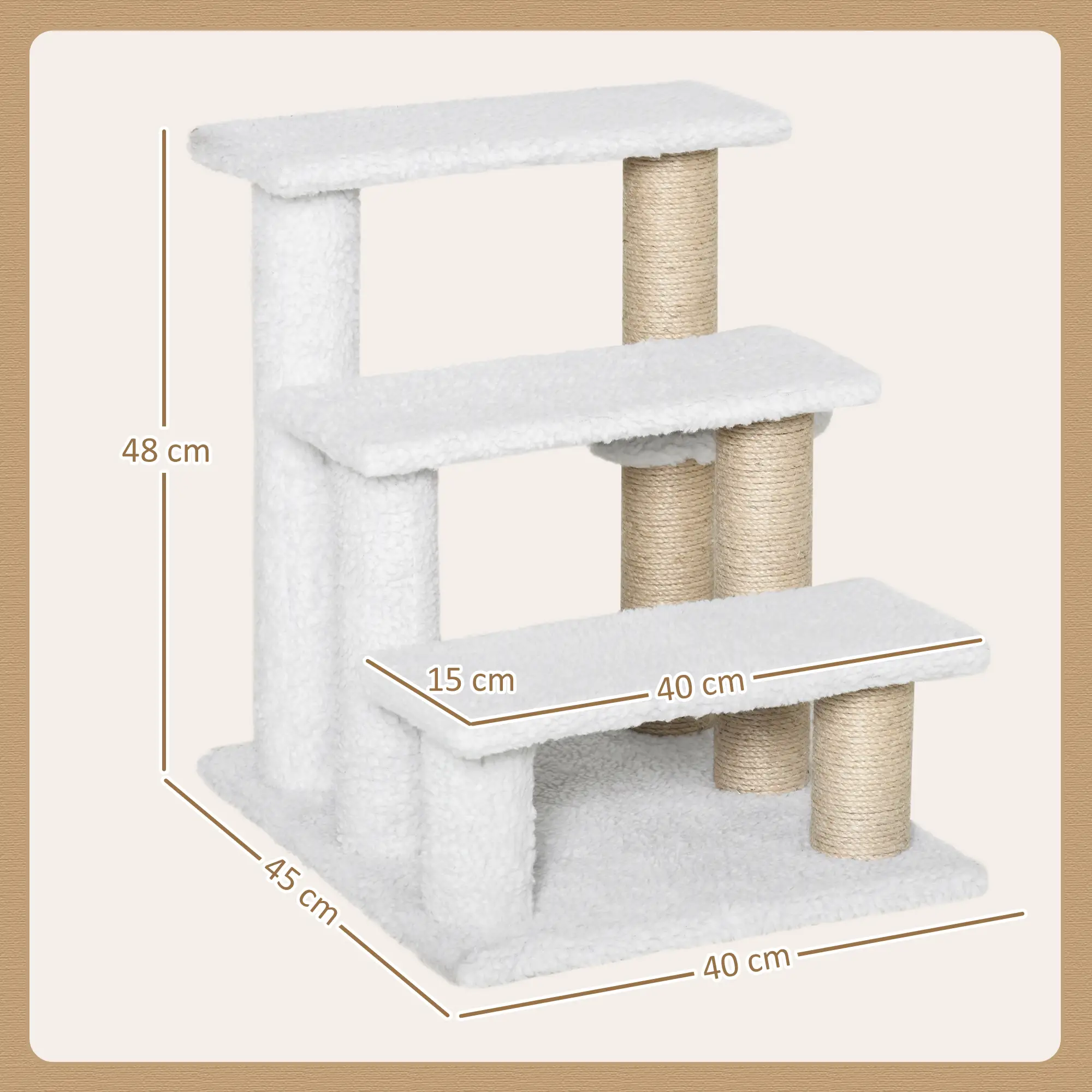 PawHut 3-Step Cat Stairs with Scratching Posts – White – product image 3