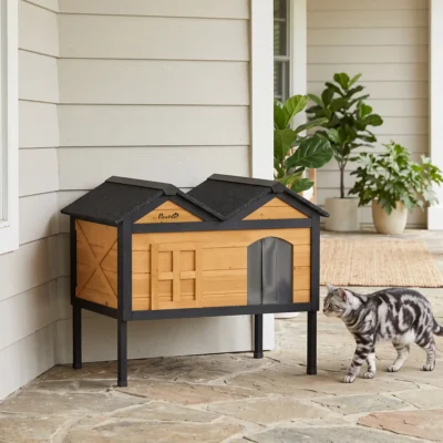 PawHut Raised Wooden Cat House with Removable Liner – Yellow – image 9