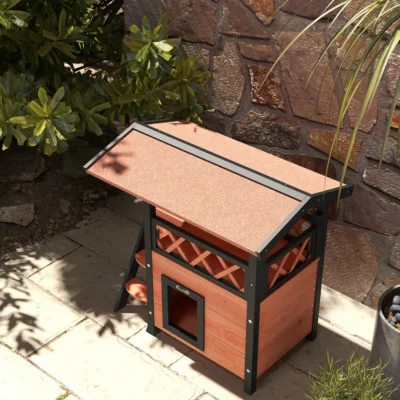 PawHut Wooden Cat House with Covered Balcony – Brown – image 9
