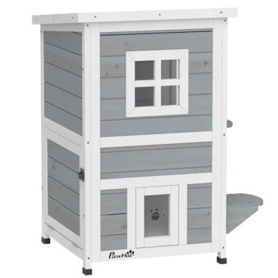 PawHut Two-Floor Wooden Cat House with Three Doors – Grey – image 15