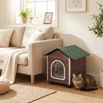 PawHut Insulated Cat Shelter with Cushion – Red-Brown – image 9