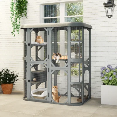 PawHut Walk-In Wooden Catio with Four Platforms – Grey – image 2