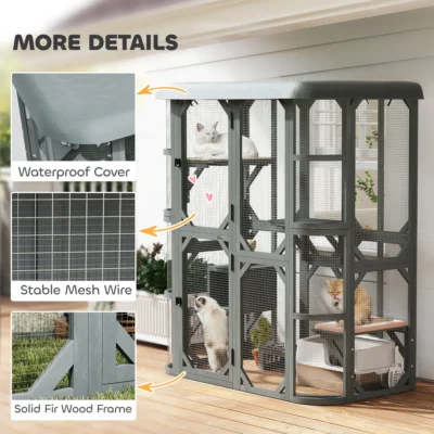 PawHut Walk-In Wooden Catio with Four Platforms – Grey – image 7